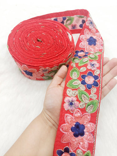 Red Silk Fabric Embroidered Trim, Floral Embroidery Indian Sari Border Trim By Yard Decorative Trim Craft Lace, Sequins Trim